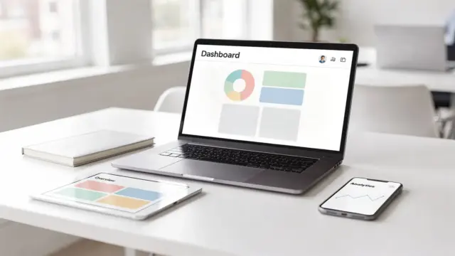 Laptop mit Vertriebssoftware auf dem Schreibtisch im Kleinunternehmen