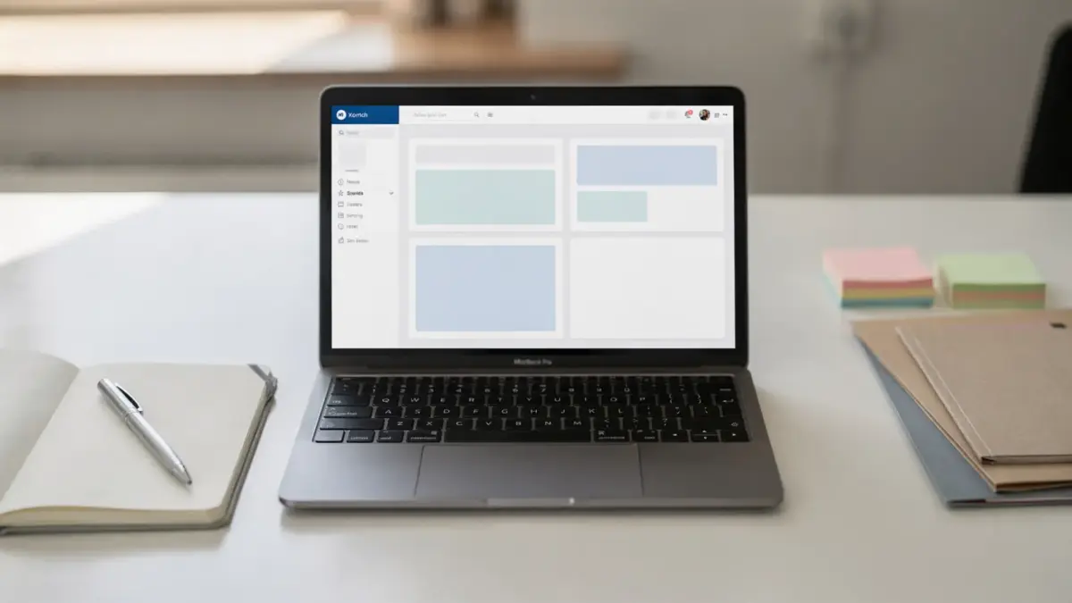 CRM-Funktionen für Gründer auf einem Startup-Schreibtisch mit Laptop und Notizen
