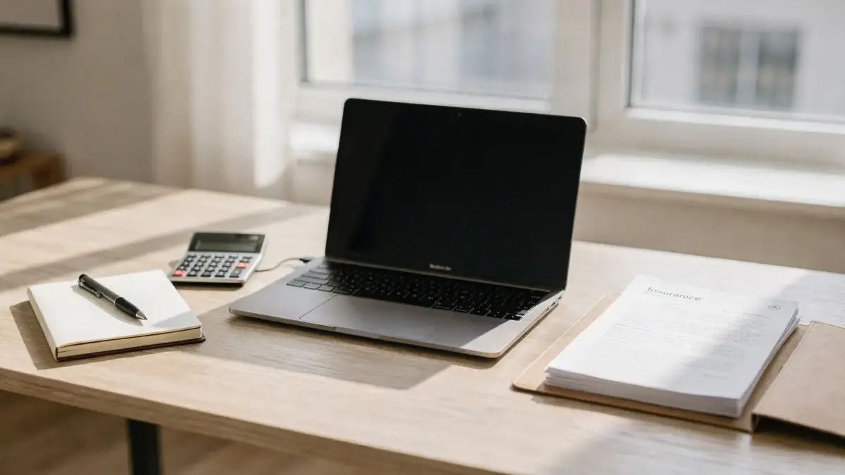Homeoffice mit Unterlagen und Rechner zu Versicherungen für nebenberuflich Selbstständige