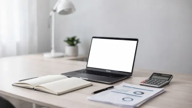 Homeoffice mit Laptop, Taschenrechner und Unterlagen zum Gründerkredit im Nebenerwerb
