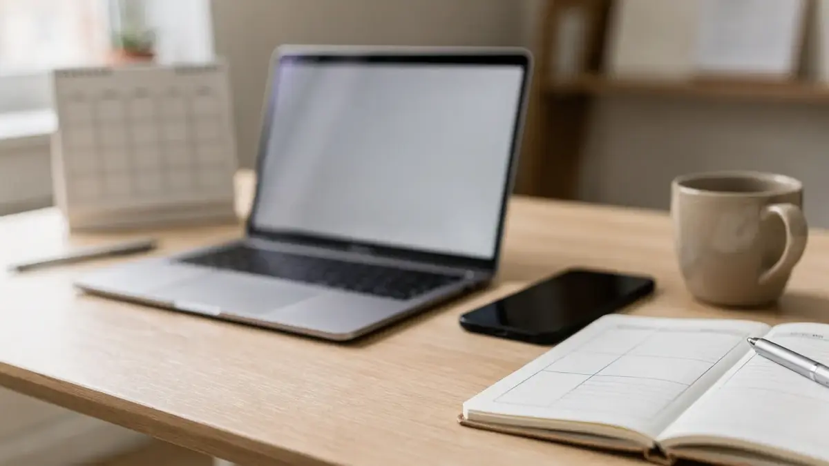 Laptop, Smartphone und Kalender zeigen Antwortzeiten für Selbstständige im Büro.