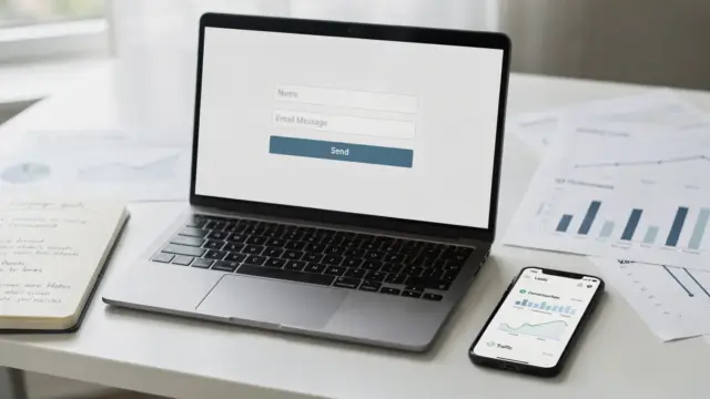 Website-Leadgenerierung mit Laptop, Kontaktformular und Analyse-Tools auf einem Schreibtisch