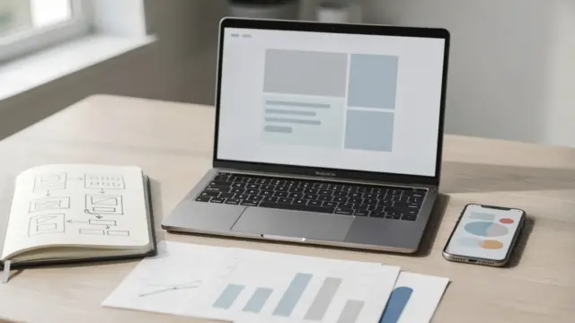 Gründer planen eine Landingpage mit klarer Conversion am Laptop und mit Skizzen.