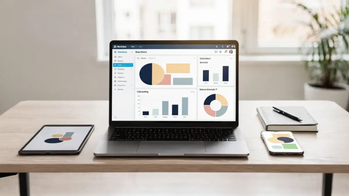 Laptop mit Vertriebssoftware auf dem Schreibtisch im Kleinunternehmen
