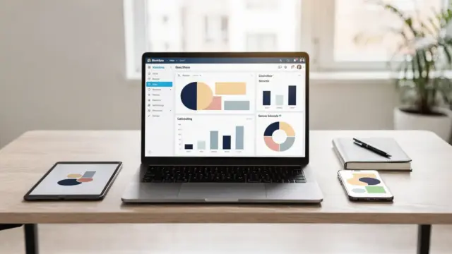 Laptop mit Vertriebssoftware auf dem Schreibtisch im Kleinunternehmen