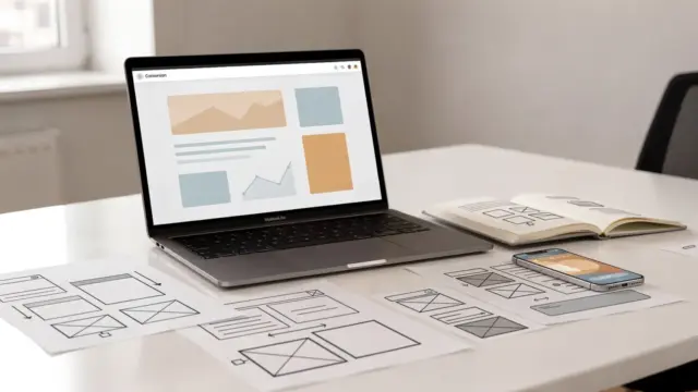 Website Conversion: Arbeitsplatz mit Laptop, Analytics-Dashboard und Wireframe-Skizzen zur Steigerung von Anfragen, Leads und Käufen