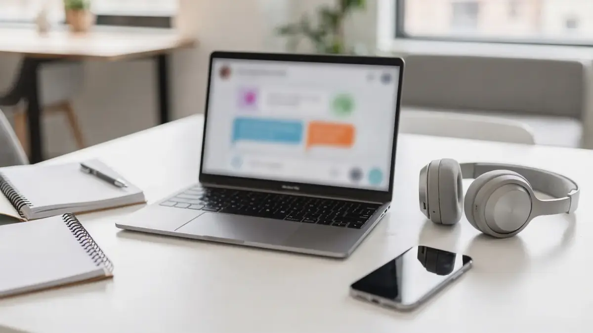 Gründerteam wählt ein Kommunikationstool im kleinen Büro mit Laptop, Smartphone und Notizbuch.
