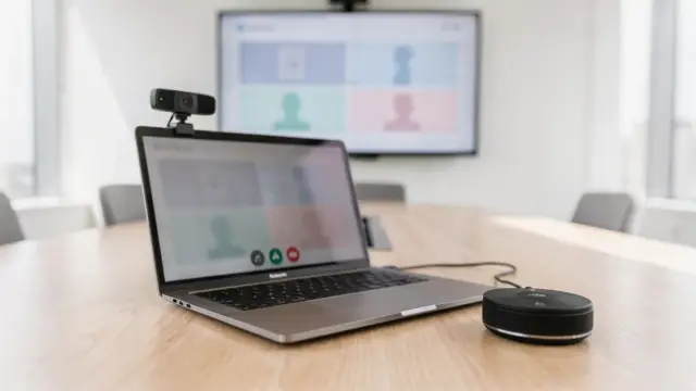 Moderne Videokonferenz-Software im Unternehmen: Laptop, Speakerphone und Webcam im Besprechungsraum