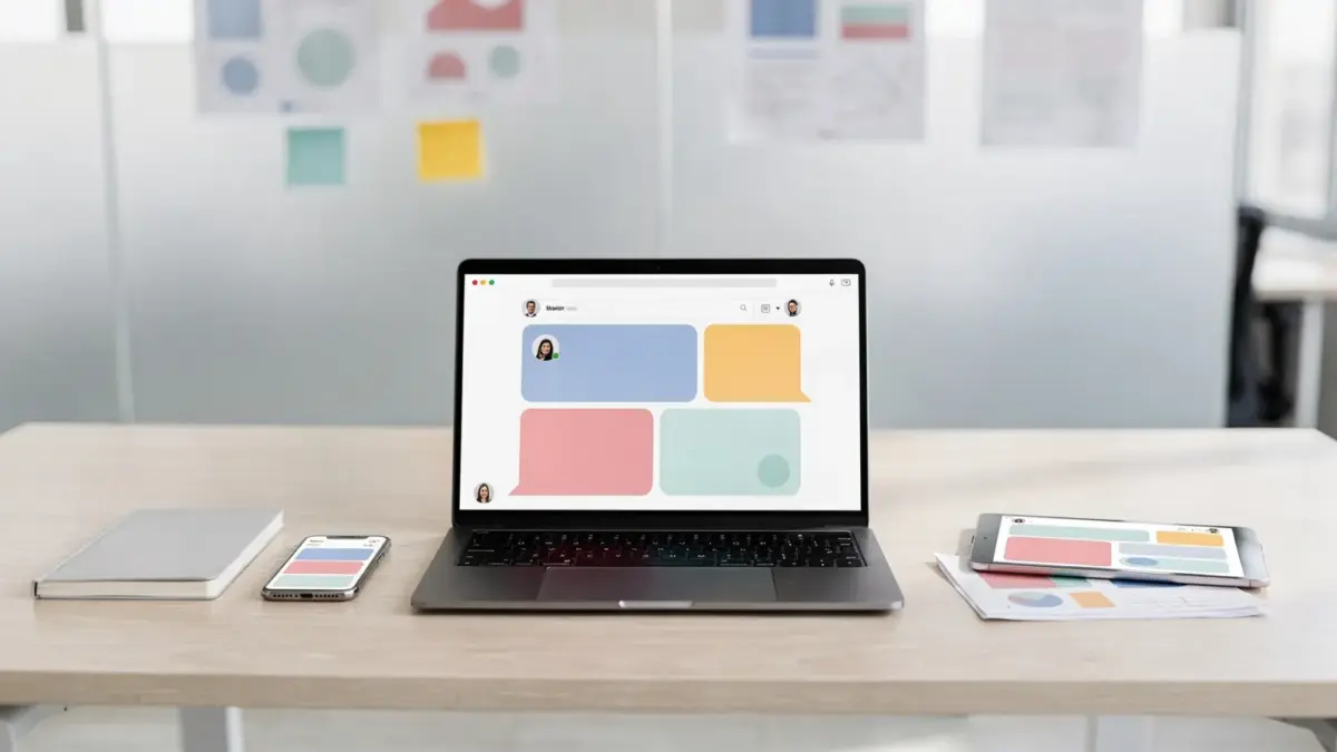 Kollaboration-Tool für Unternehmen auf einem modernen Schreibtisch mit Laptop, Smartphone und Tablet