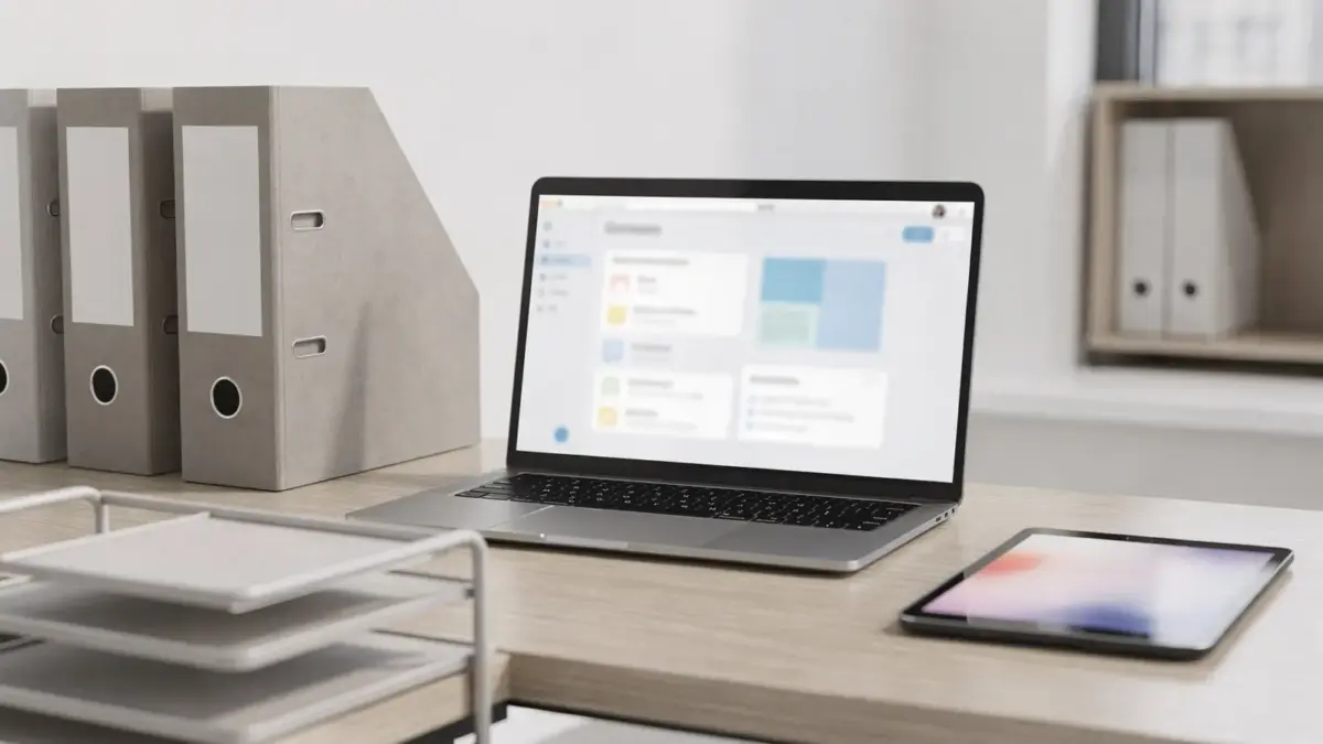 Dateiverwaltung-Tool für Teams mit Laptop, Ordnern und Dokumenten zur zentralen Organisation
