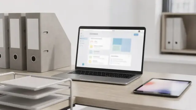 Dateiverwaltung-Tool für Teams mit Laptop, Ordnern und Dokumenten zur zentralen Organisation