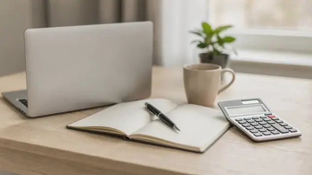 Homeoffice mit Laptop, Notizbuch und Taschenrechner zur Suche nach Geschäftsideen nebenberuflich