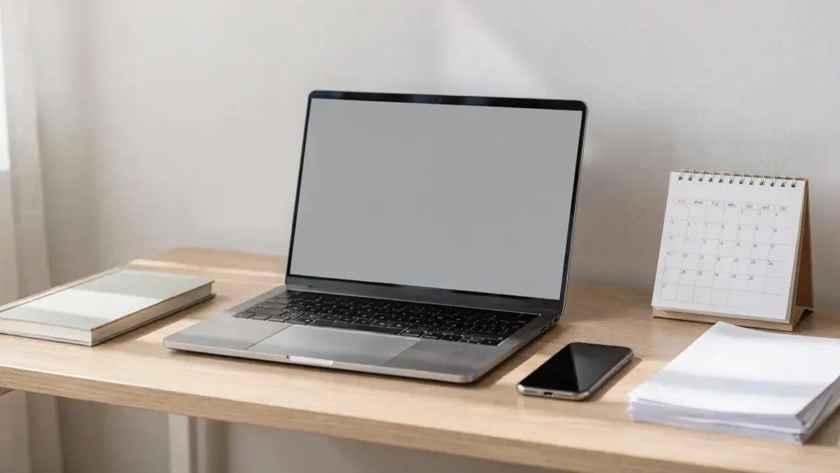 Home-Office für Kunden finden nebenberuflich mit Laptop, Notizbuch und Kalender auf dem Schreibtisch