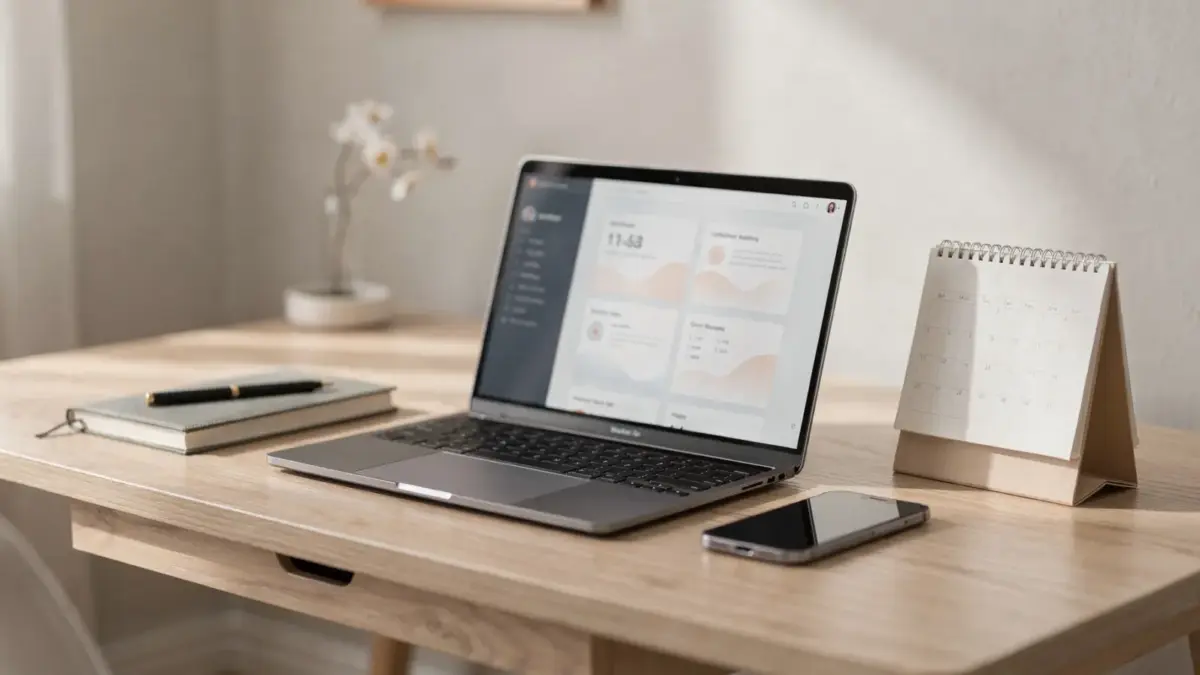 Homeoffice mit Laptop und Kalender zum Thema Nebengewerbe online starten neben dem Hauptberuf