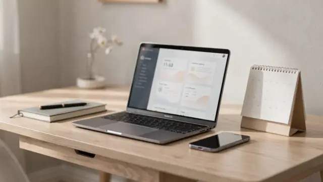 Homeoffice mit Laptop und Kalender zum Thema Nebengewerbe online starten neben dem Hauptberuf