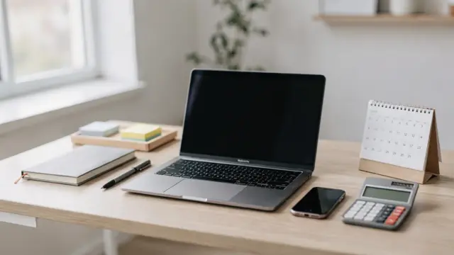 Home-Office mit Laptop, Notizbuch und Kalender für die nebenberufliche Selbstständigkeit