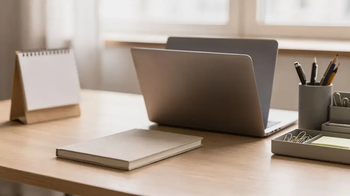 Ordentlicher Schreibtisch im Büro mit Kalender, Notizbuch und Laptop zu Büro-Routinen