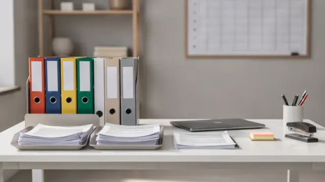 Geordneter Büroarbeitsplatz mit Checkliste und Ablage für standardisierte Aufgaben im Büro