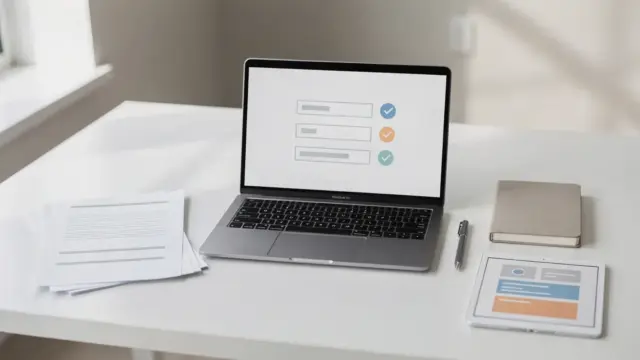 Onboarding-Prozess: Laptop, Checkliste und Unterlagen für neue Kunden im Büro