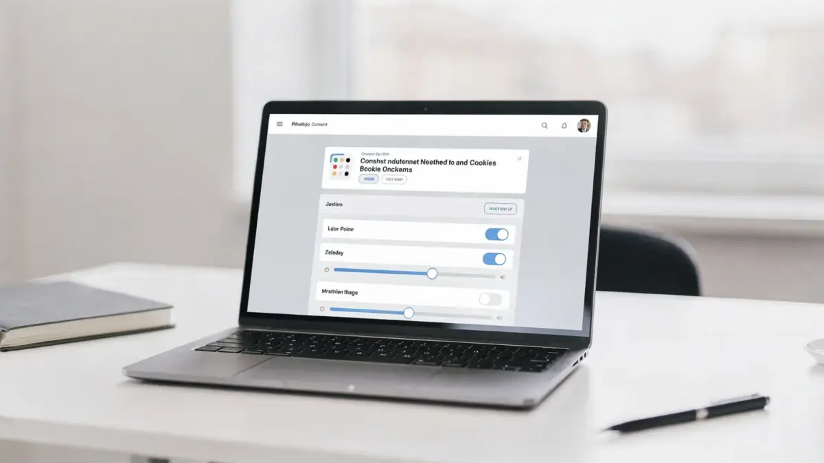 Laptop mit Cookie-Banner und Datenschutzeinstellungen zur Cookie-Banner-Pflicht auf einer Website