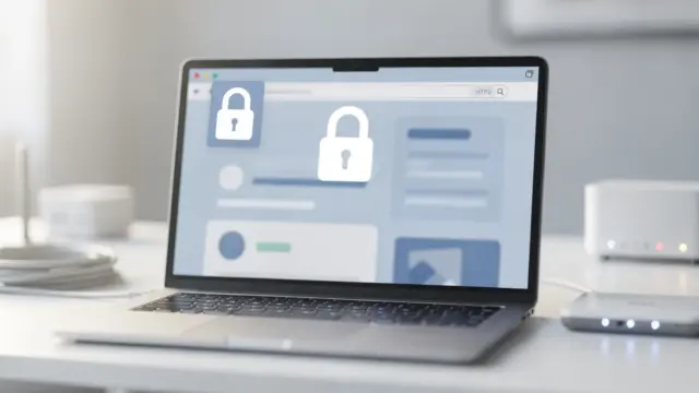 Laptop mit Padlock-Symbol für SSL-Zertifikat und sichere HTTPS-Verbindung