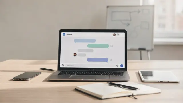 Kommunikationstool für Teams: Laptop, Smartphone und Whiteboard im Startup-Büro