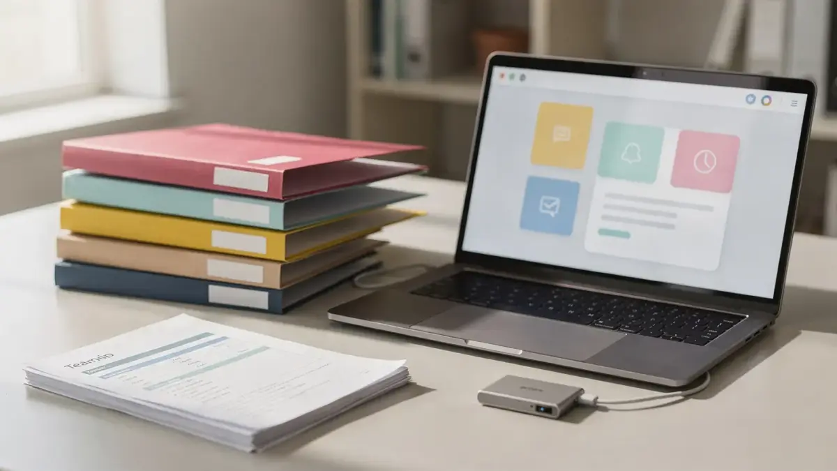 Team-Workspace mit Laptop und Dokumenten für ein Dateiverwaltung-Tool zur zentralen Organisation von Dateien