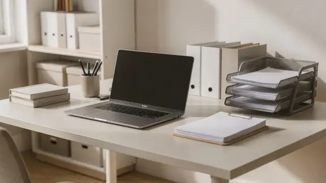 Ordentliches Arbeitszimmer mit Schreibtisch, Ablageboxen und Ordnersystem zum Thema steuerliche Aspekte