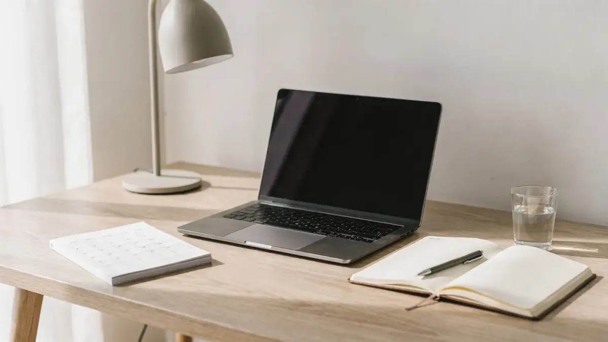 Aufgeräumter Homeoffice-Arbeitsplatz mit Laptop, Notizbuch und Kalender zur besseren Konzentration