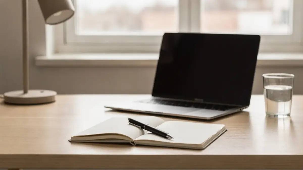 Ordentlicher Homeoffice-Arbeitsplatz zum Thema Konzentration im Homeoffice mit Laptop, Notizbuch und Schreibtischlampe.