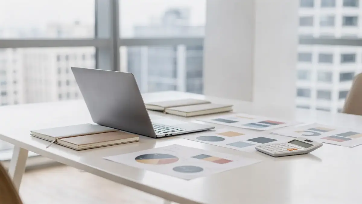 Gründerberatung im Büro mit Laptop, Charts und Kalkulator für die Wahl der passenden Beratung