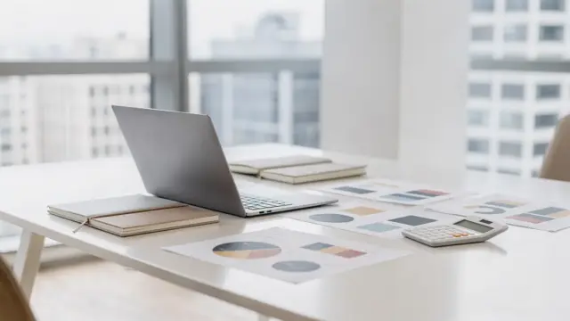 Gründerberatung im Büro mit Laptop, Charts und Kalkulator für die Wahl der passenden Beratung