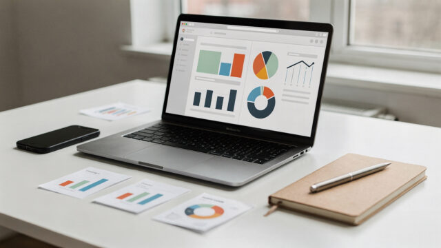 Marketing-Workspace mit Laptop, Analytics-Dashboard und Notizen zum Vergleichen von UTM-Parametern