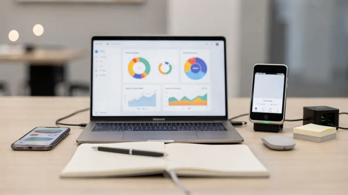 Laptop, Smartphone und Notizbuch auf einem Schreibtisch für ein digitales Gründungsvorhaben.